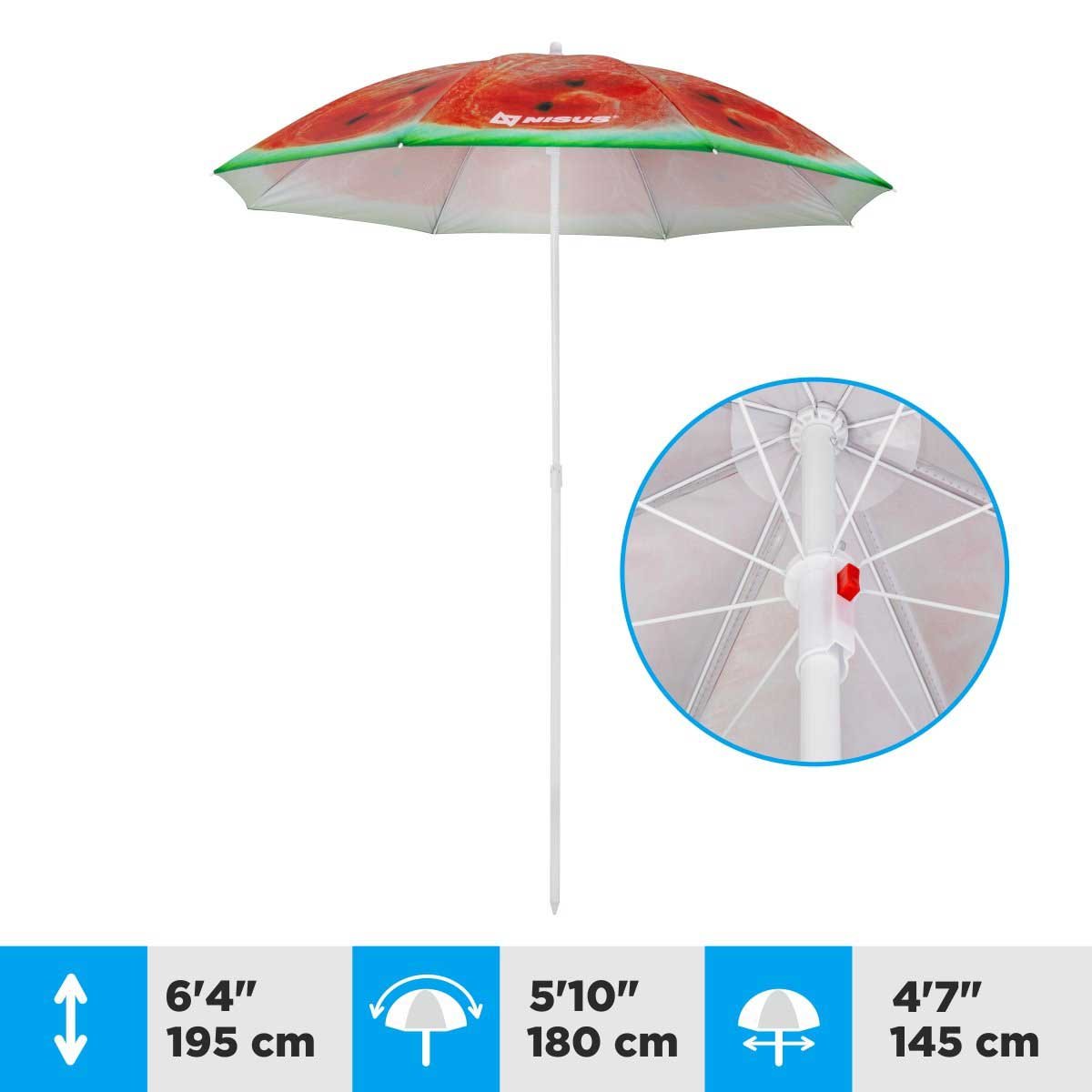 A 4.7 ft Watermelon Folding Tilting Beach Umbrella is 6.4 feet high