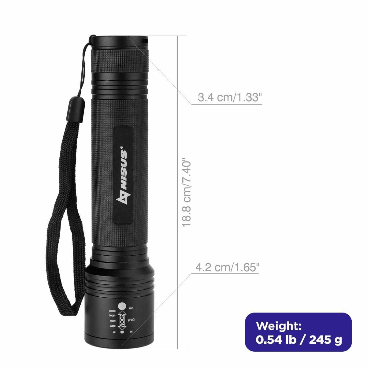 High-Powered LED Handheld Flashlight with Zoom is 40 inches long and weighs 0.54 lbs