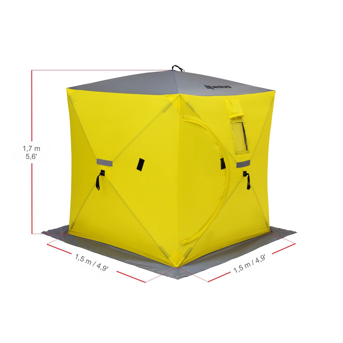 Cube Portable Pop-Up Ice Fishing Shelter for 2 Persons is 5.6 feet high, 4,9 feet long and 4.9 feet wide