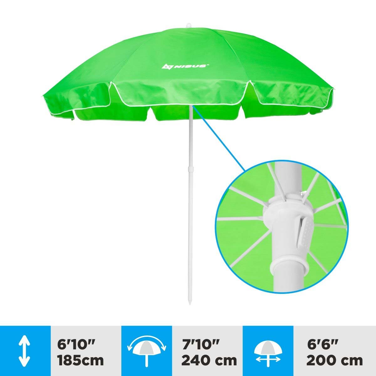 A 6.6 ft Green Tilting Beach Umbrella is 6.1 feet high