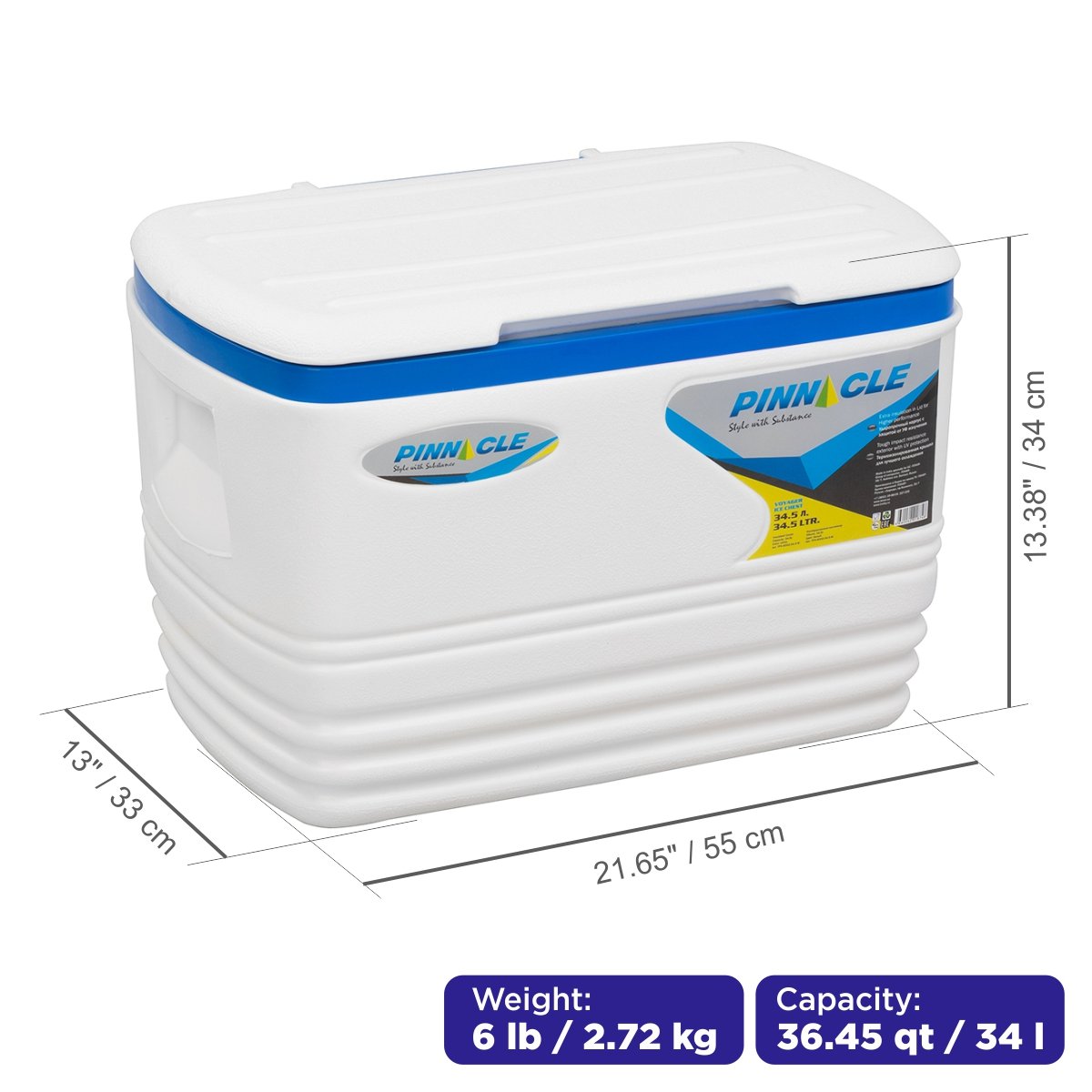 Voyager Big Camping Hard-Side Ice Chest, 36 qt is 21.7 inches long, 13 inches wide and 13.4 inches high, weighing 6 lbs