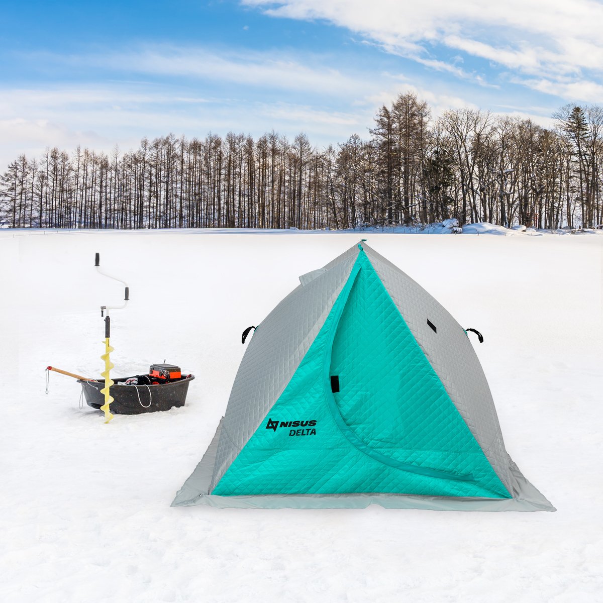 Delta Portable Insulated Ice Fishing Tent Shelter for 2 Persons, gray and turqoise, on ice together with Iceberg Siberia hand auger, and an ice sled