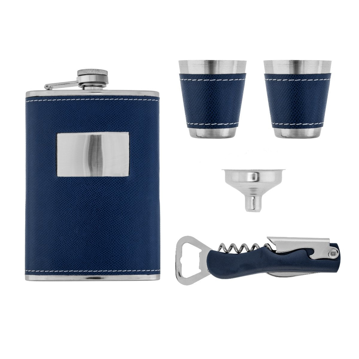 Stainless Steel Gift Set, 9 oz Blue Hip Flask and Shot Glasses