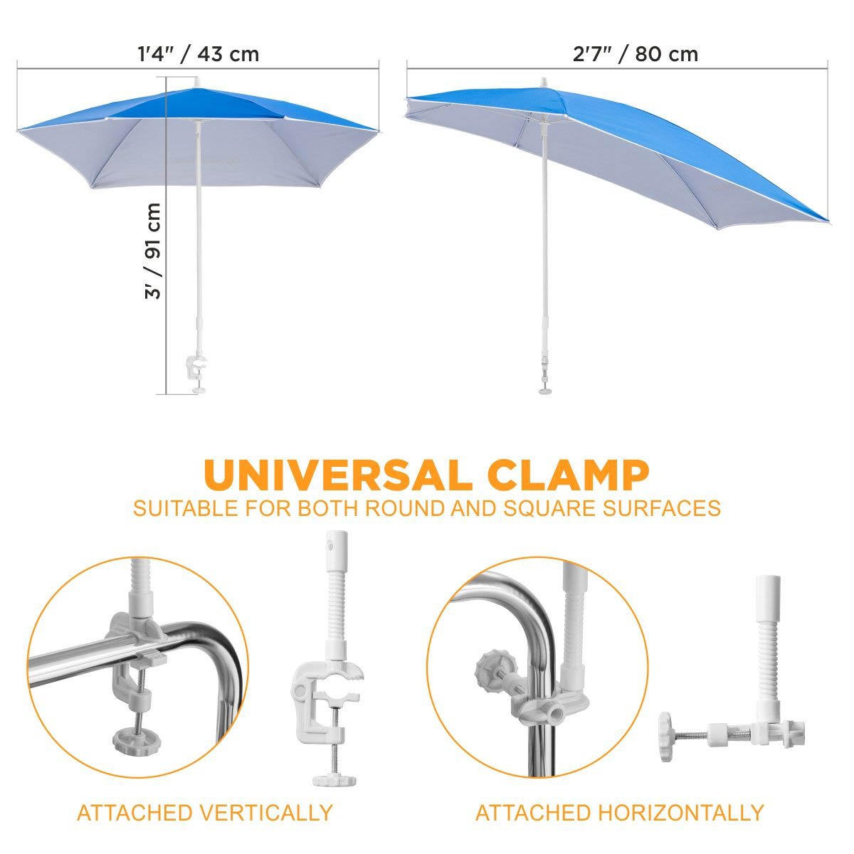 Strong Clip-On Adjustable Beach Umbrella clamps on any way you like, it is 2,7 feet long and 1.4 feet wide