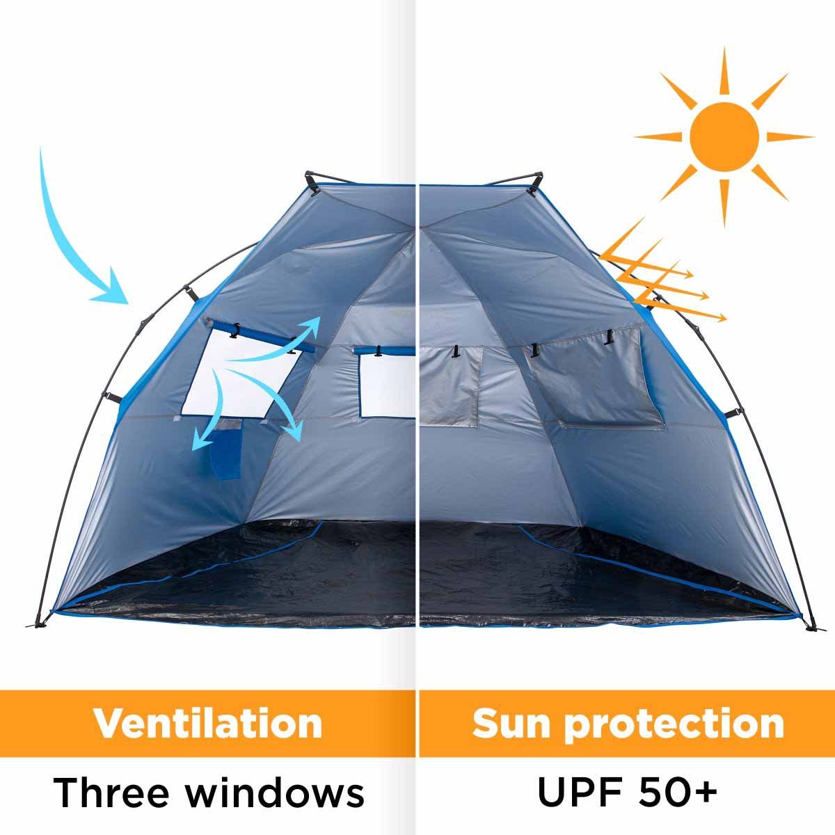 4 Person Large Easy Up Beach Tent Sun Shade Shelter guarantees a UPF 50+ sun protection, and it is comfort to stay in thanks to a natural ventilation