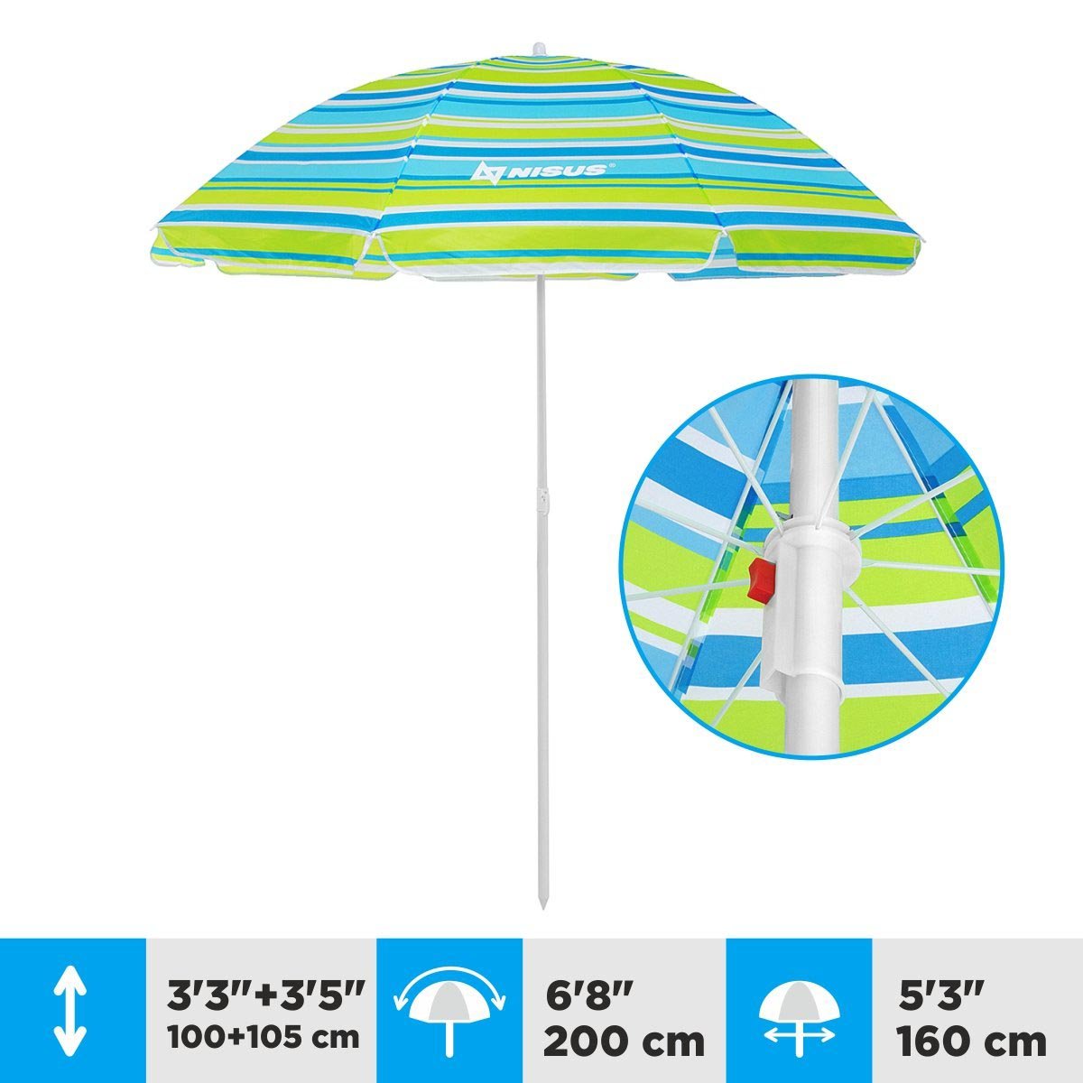 A 5.3 ft Sea-Green Folding Beach Umbrella is 6.3 feet high