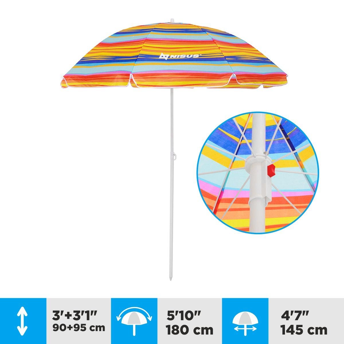 A 4.7 ft Bright Tilting Beach Umbrella is 6.1 ft high