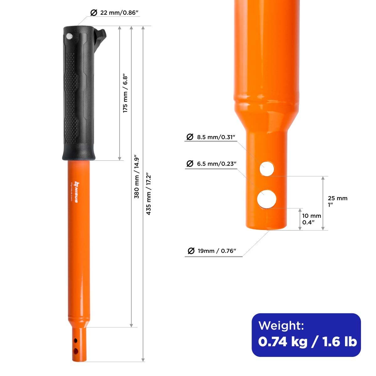 Motoshtorm Power Auger Drill Bit Extension is up to 18 Inches long and weighs 1.6 lbs