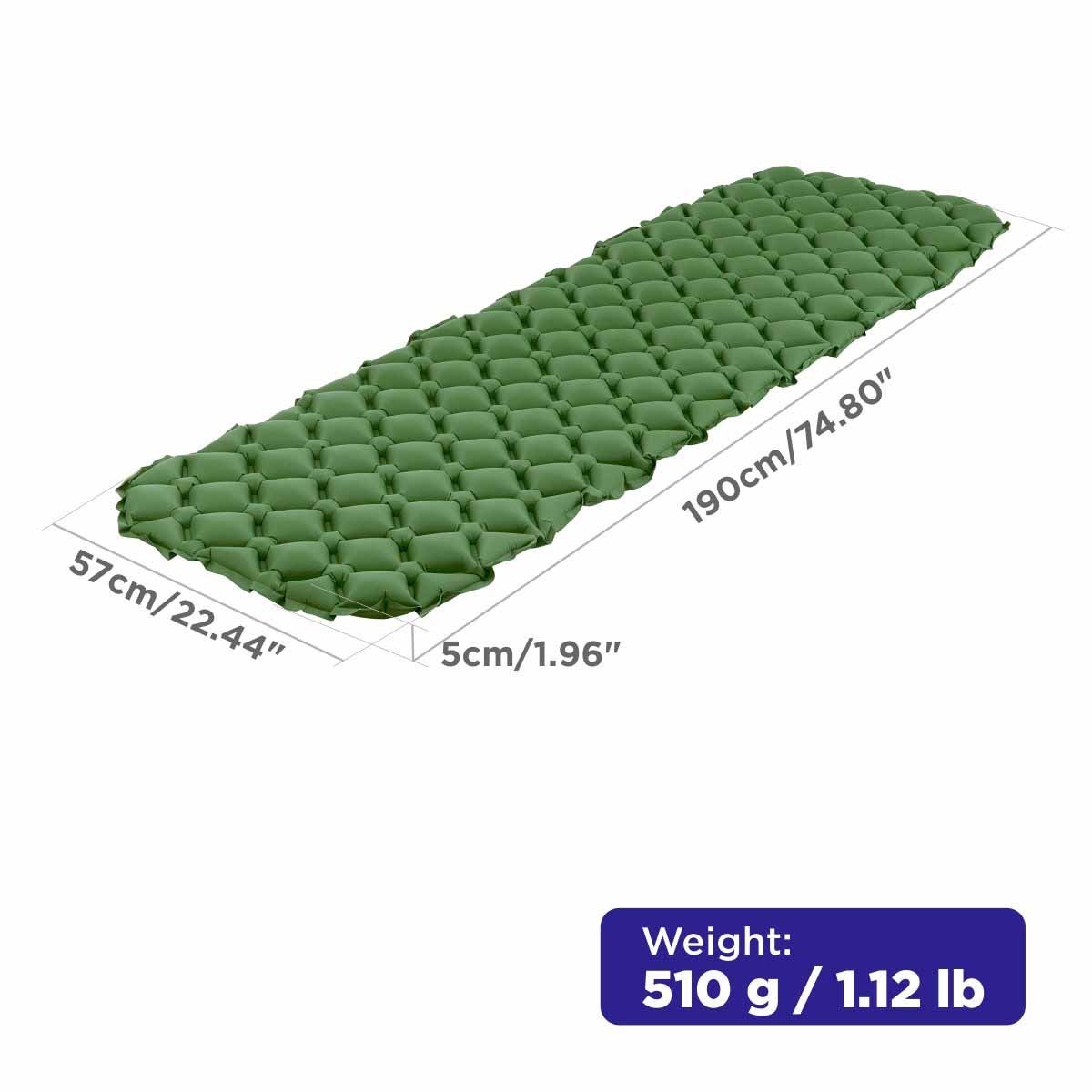 2-inch Waterproof Camping Self Inflating Sleeping is 2 inches thick, 74.8 inches long and 22.44 inches wide. It is extreme;y lightweight - only 1.12 lbs!