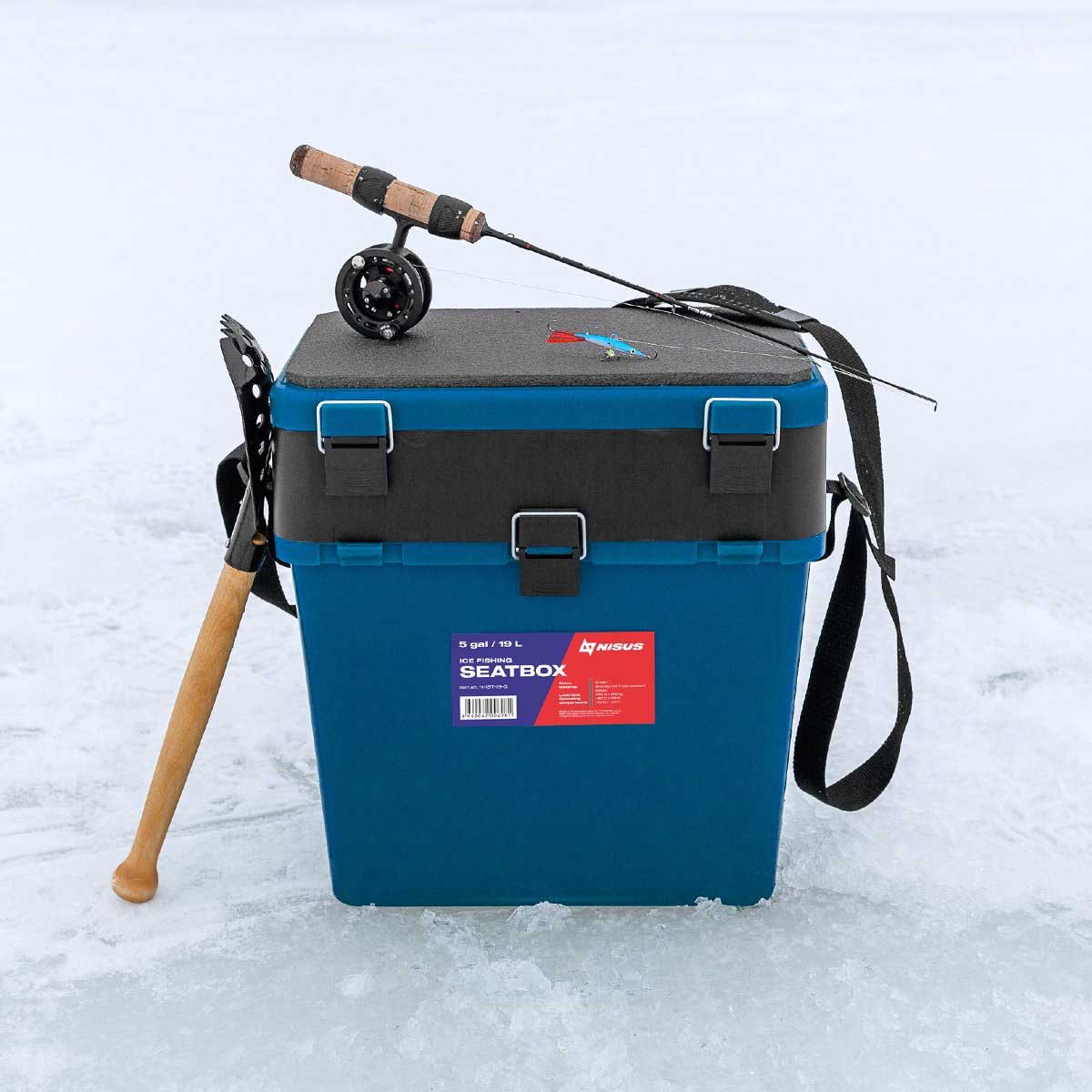 Ice Fishing Bucket Type Box with Seat and Adjustable Shoulder Strap could carry a rod and reel combo and an ice fishing skimmer easily