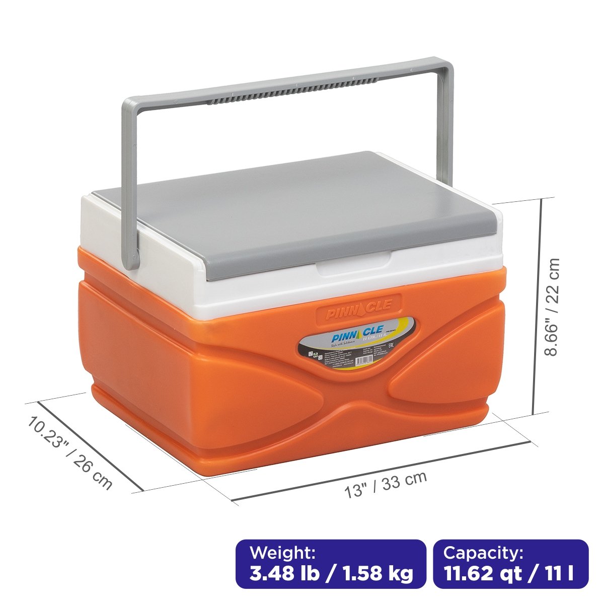 Prudence Portable Hard-Sided Ice Chest for Camping, 11 qt, with handle, orange color weighs 3.5 lbs and is 13 inches long, 10 inches wide and 8.6 inches high