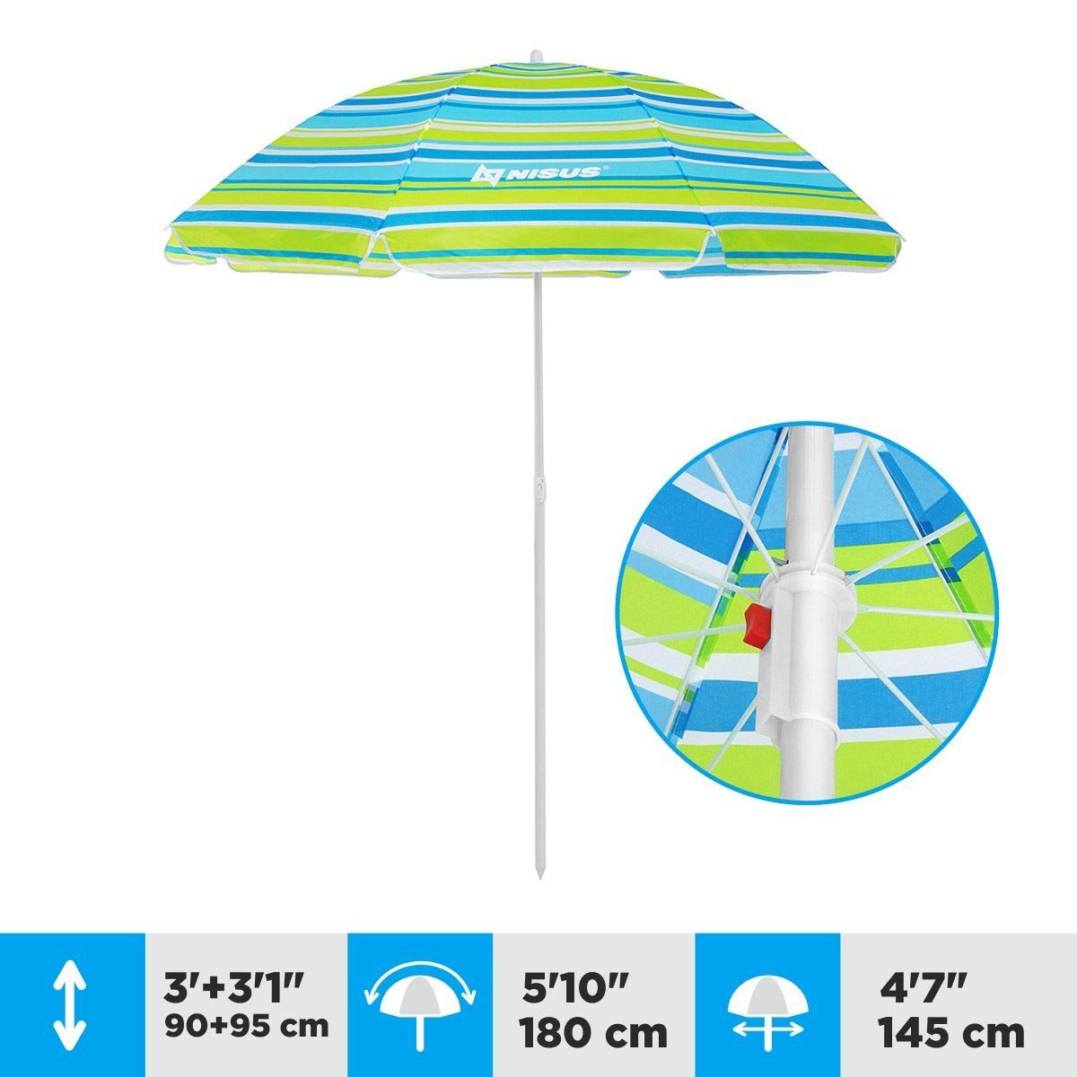 A 4.7 ft Sea-Green Tilting Beach Umbrella is 6.1 ft high