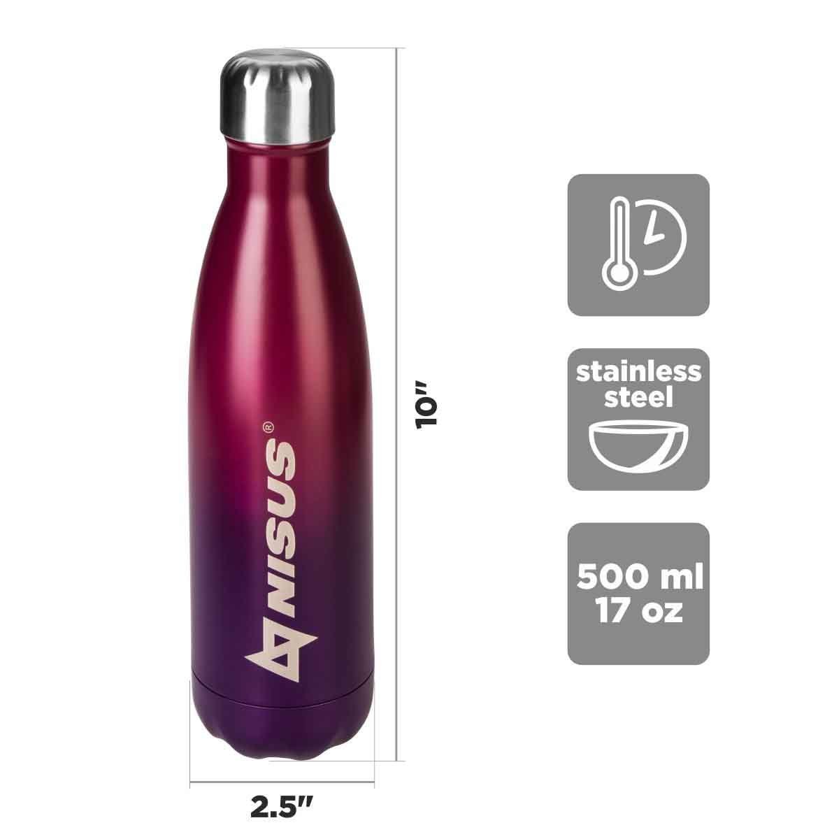 Stainless Steel Insulated Twist Top Water Bottle, 17 oz is 10 inches high and 2.5 inched wide