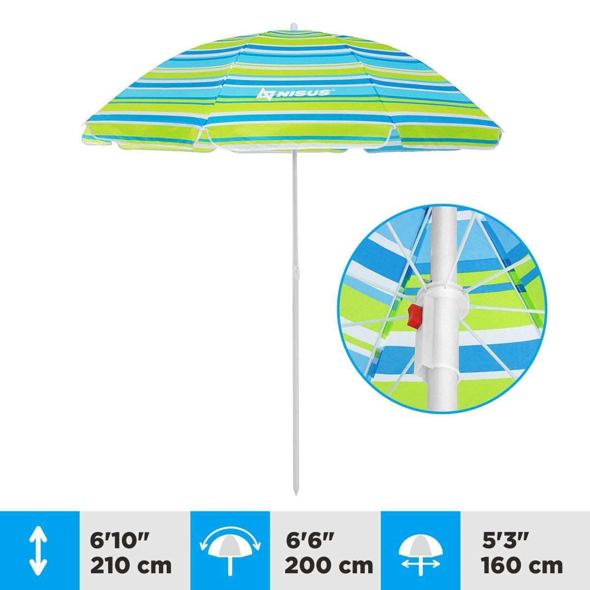 A 5.3 ft Bright Tilting Beach Umbrella is 6.1 feet high