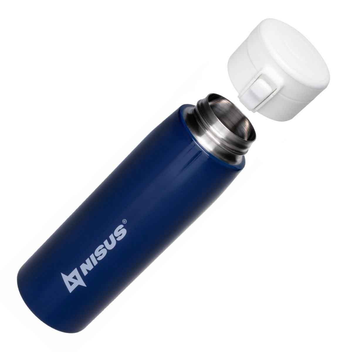 Push Button Lid Water Bottle, Stainless Steel, 16 oz, Blue, open