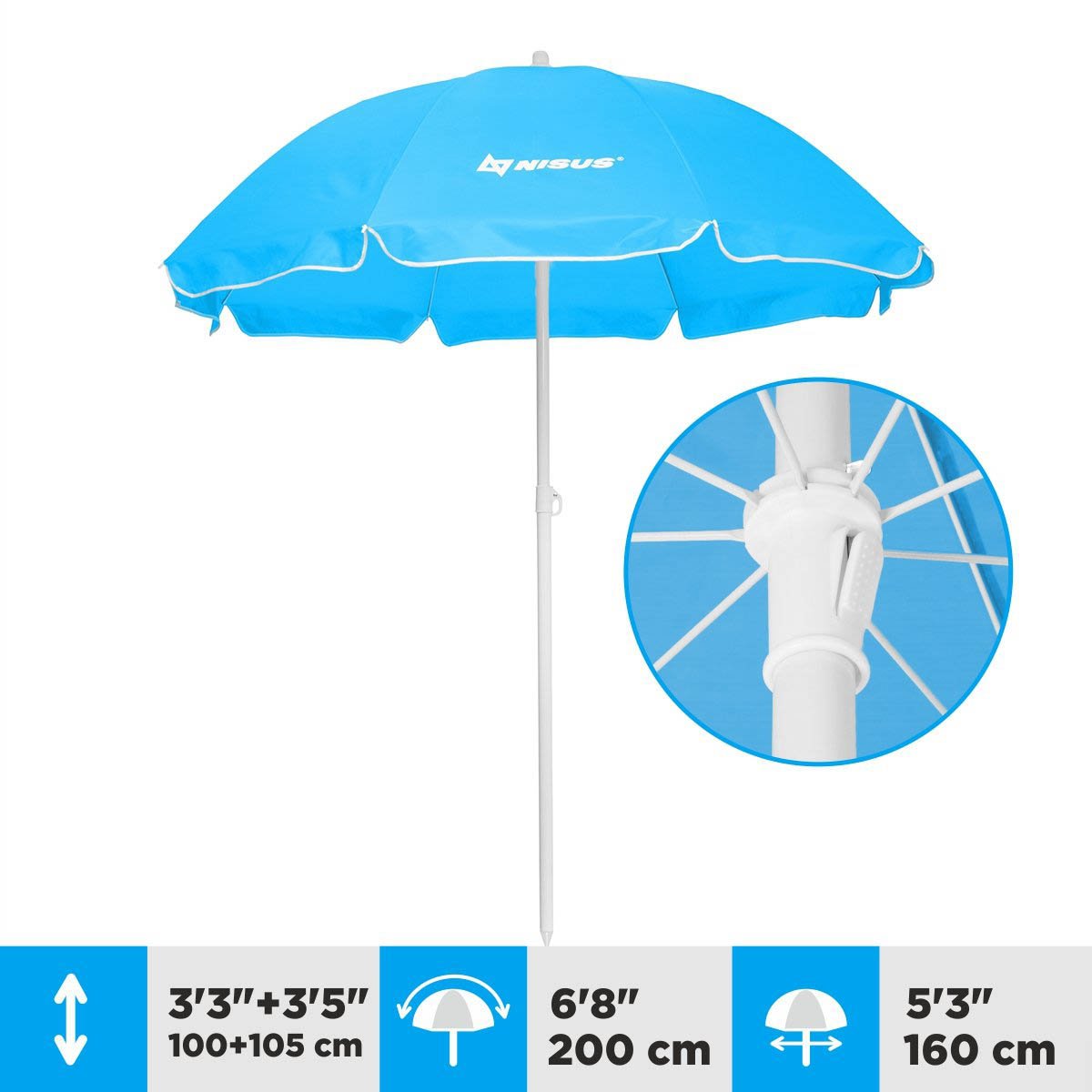 A 5.3 ft Sky Blue Tilting Beach Umbrella is 6.6 feet high