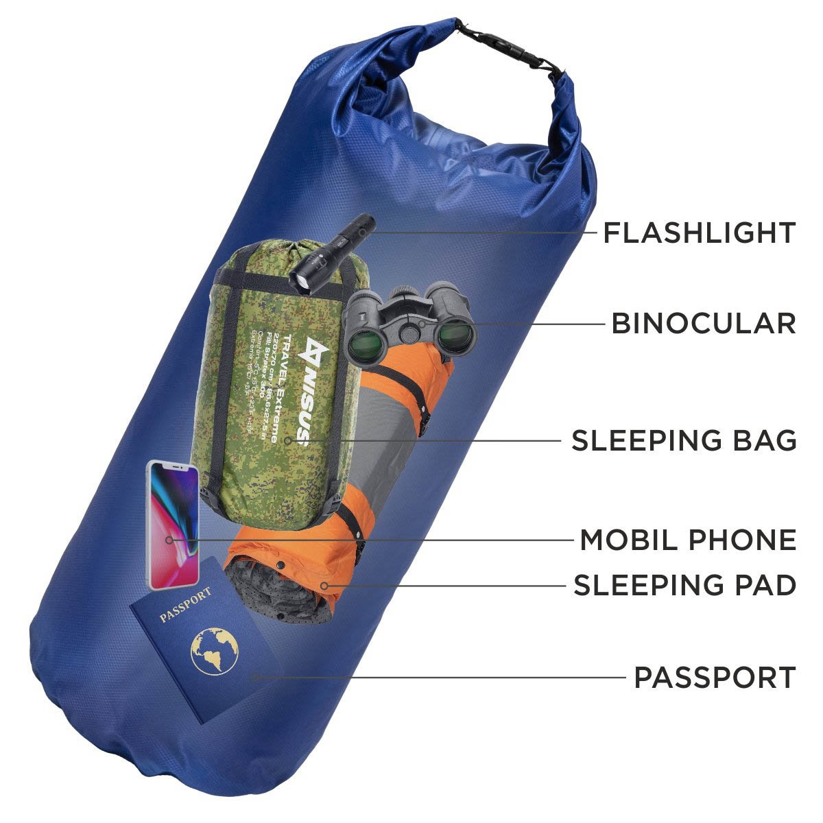You could store flashlight, a binocular, a sleeping bag, a sleeping pad, documents and mobile phone into the 20 L Blue Polyester Waterproof Dry Bag for Fishing, Kayaking with no risk