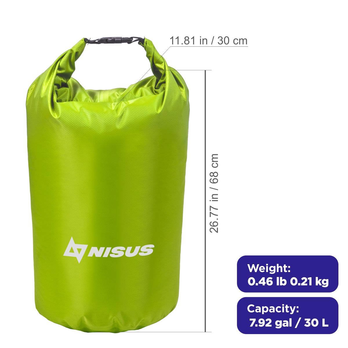 30 L Green Polyester Waterproof Dry Bag for Fishing, Kayaking is 27 inches high nad weighs 0.46 lbs