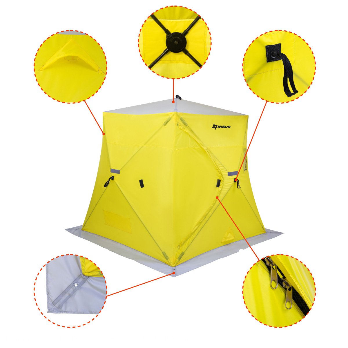 Prism Roomy Ice Fishing 3 Person Shelter is equipped with an extra wide protective skirt with apertures for ice anchors to fix the shelter, windows for ventilation, solid fiberglass frameand zippers to widely open/close the shelter