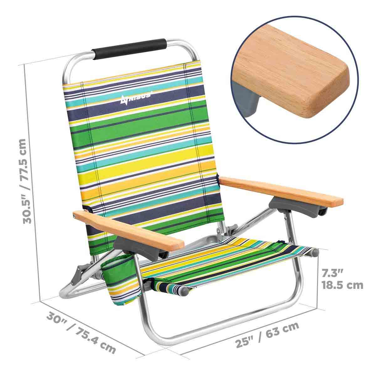 Lightest Backpack Beach Chair with Cup Holder is 30.5 inches high, 30 inches long, 25 inches wide and 7.3 inches deep, it's equipped with armrest made of wood
