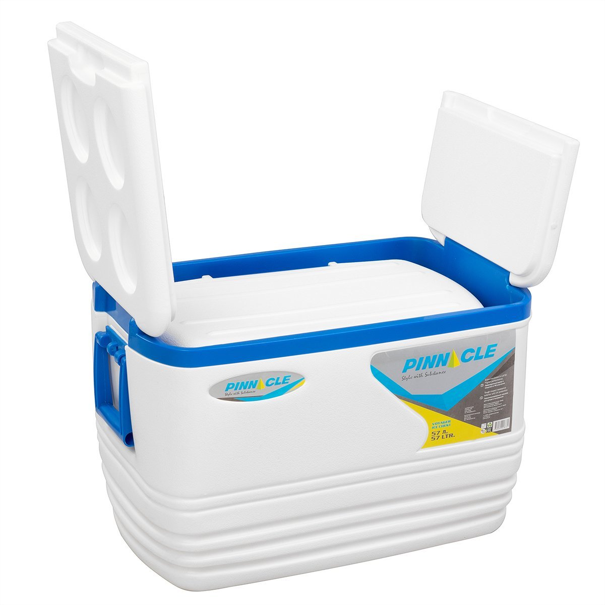 Voyager Large Ice Chest with Side Handle, Drain Plug and 6 Cup Holders, 60 qt with a lid widely open