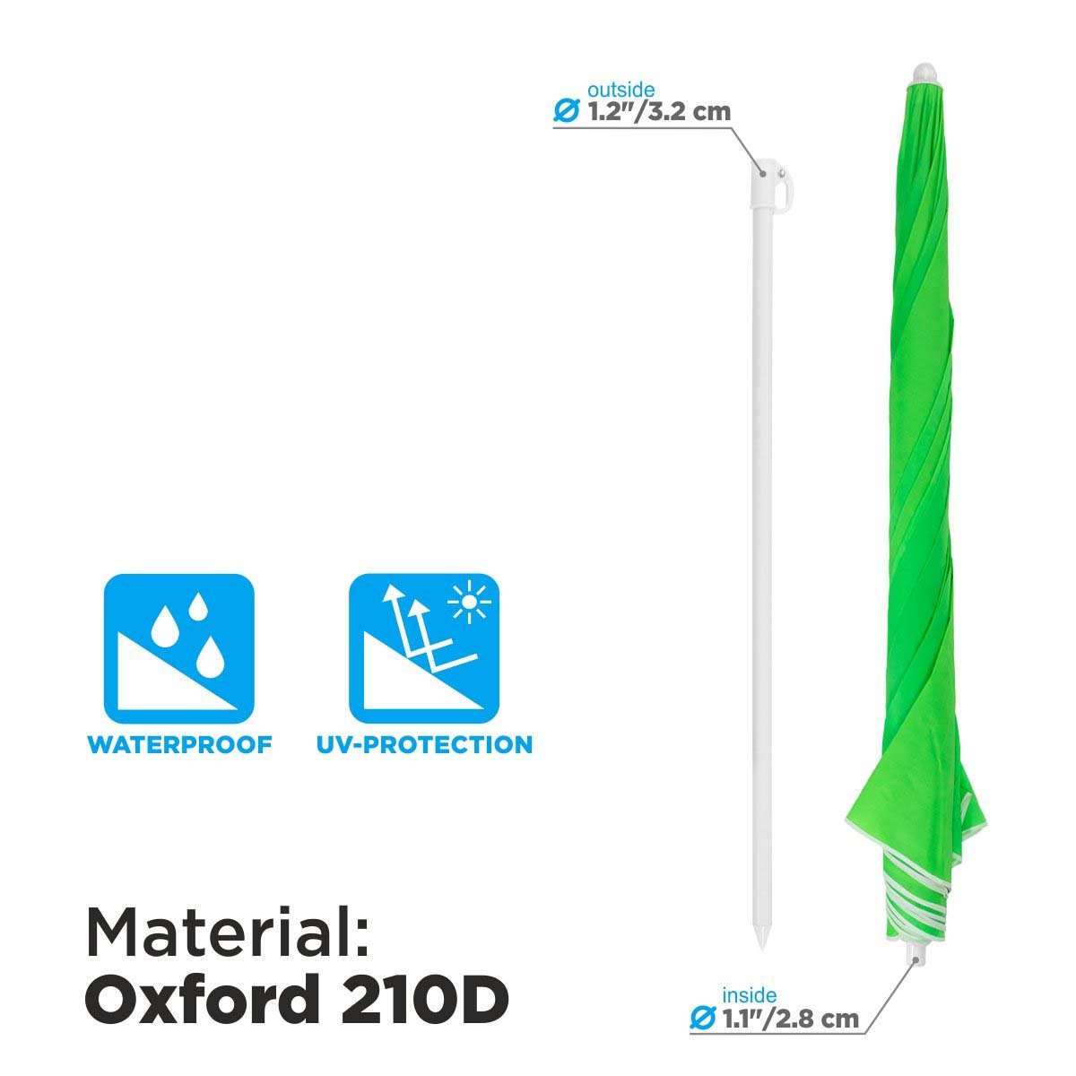 Green Tilting Beach Umbrella is made of waterproof Oxfprd 210D featuring UV protection
