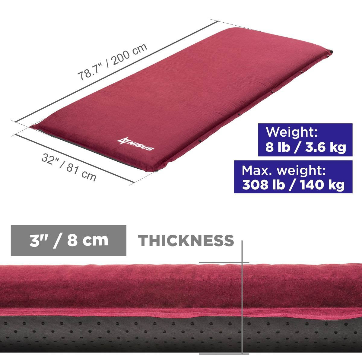 3-inch Self Inflating Camping Sleeping Pad weighs 8 lbs, carries up to 308 lbs. It is 78.7 inches long and 32  inches wide
