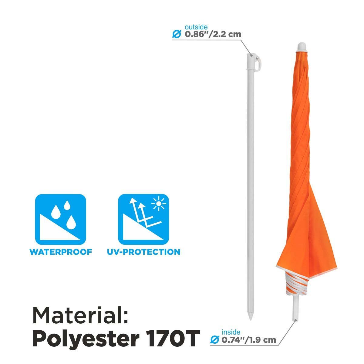Orange Folding Beach Umbrella is made of waterproof polyester 170T featuring UV protection