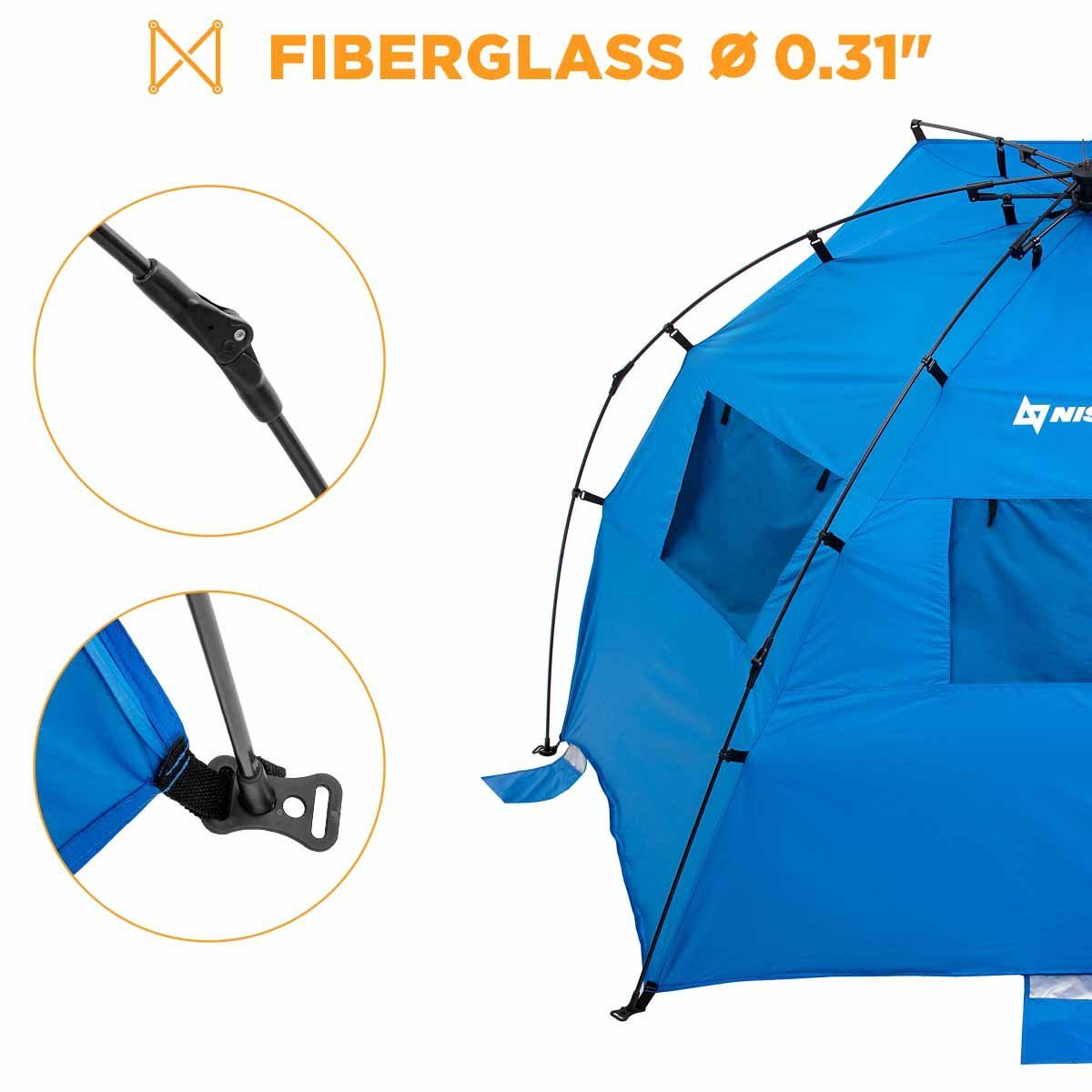 4 Person Large Easy Up Beach Tent Sun Shade Shelter's frame is made of 0.31-inch fiberglass