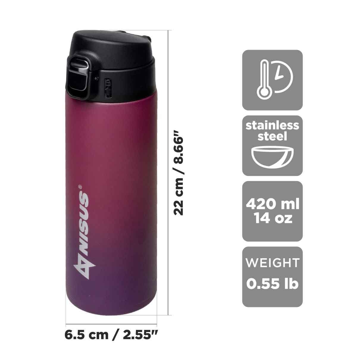 Compact Stainless Steel Insulated Water Bottle, Red, 14 oz is 8.7 inches high, 2.6 inches wide, weighing only 0.55 lbs