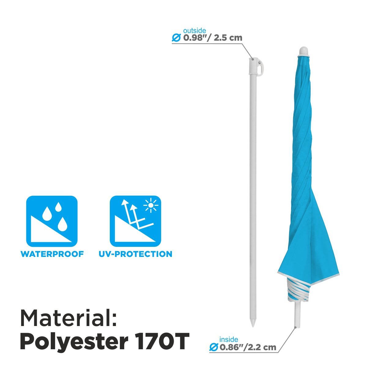 Sky Blue Tilting Beach Umbrella is made of waterproof polyester 170T featuring UV protection