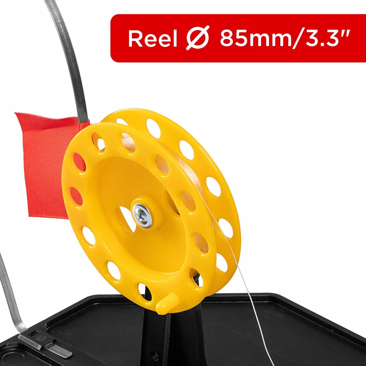 Equipped Tip-up Pop-Up Integrated Hole-Cover Easy to Clip 50 ft has either 2.5 inches, or 3.3 inches spool diameter