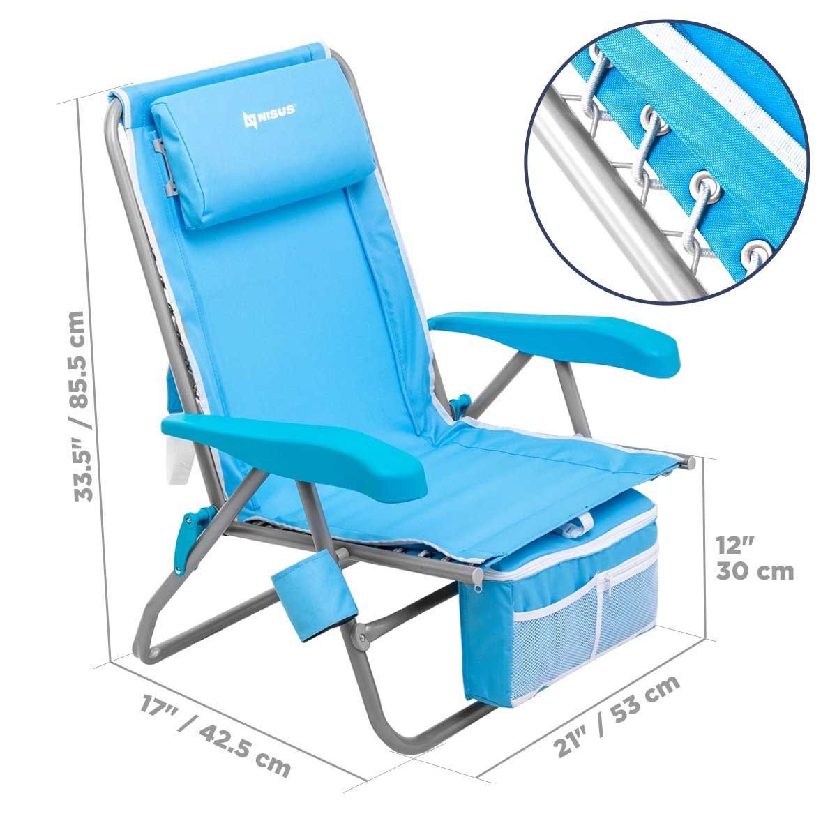 Premium Backpack Beach Chair with Cooler Bag and Headrest, Blue is 33.5 inches high, 17 inches long, 21 inches wide and 12 inches deep