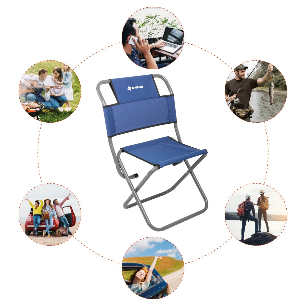 Nisus Blue Folding Chair with a back where could be used infographics
