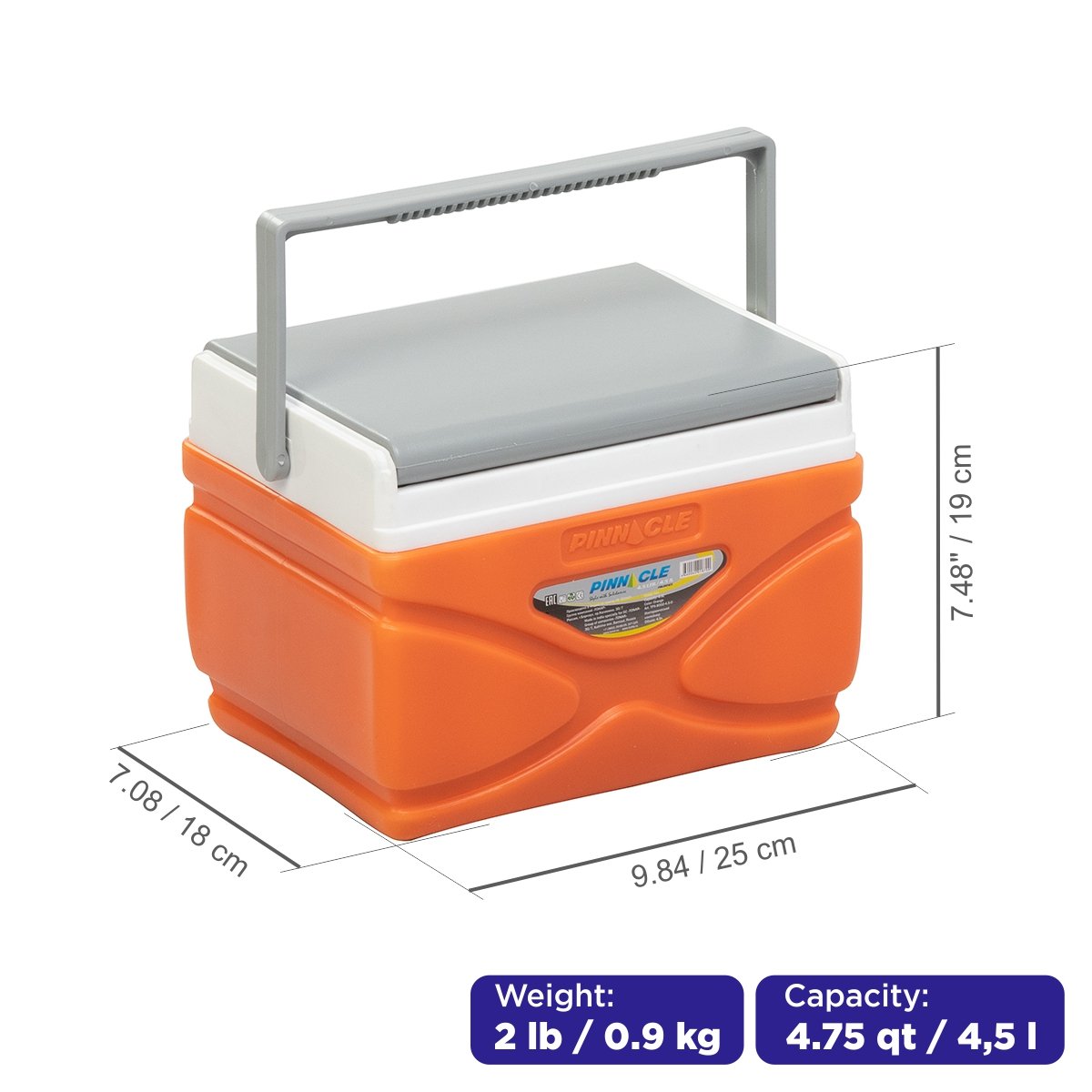 Prudence Portable Hard-Sided Ice Chest for Camping, 4 qt, with handle, orange color weighs 2 lbs and is 9.8 inches long, 7 inches wide and 7.5 inches high