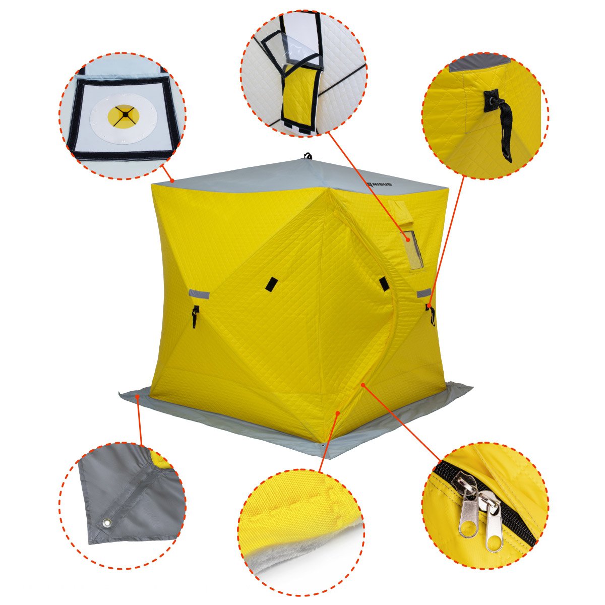 Cube Insulated Ice Fishing Shelter for two persons is equipped with an extra wide protective skirt with apertures for ice anchors to fix the shelter, windows for ventilation, solid fiberglass frame and zippers to widely open/close the shelter. Insulated with Taffeta 190 and Arctic 80 thermal fabric. 