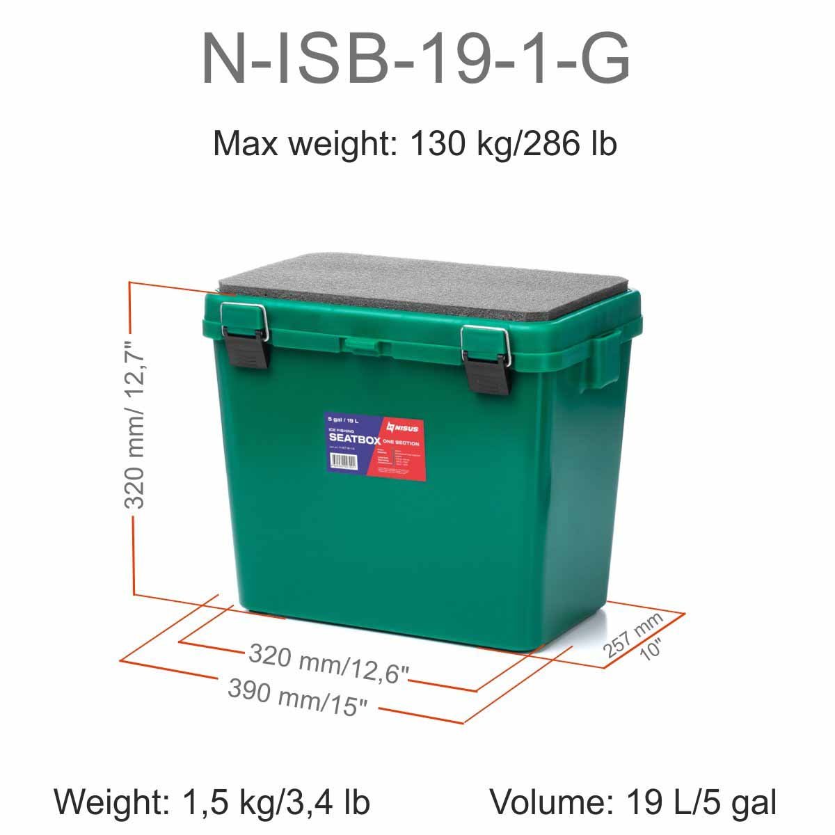 5 Gal Ice Fishing Bucket Type Box with Seat and Adjustable Shoulder Strap cpuld carry up to 286 pounds, it is 12.7 inches high, 12.6 inches long and 10 inches wide, weighing 3.4 lbs