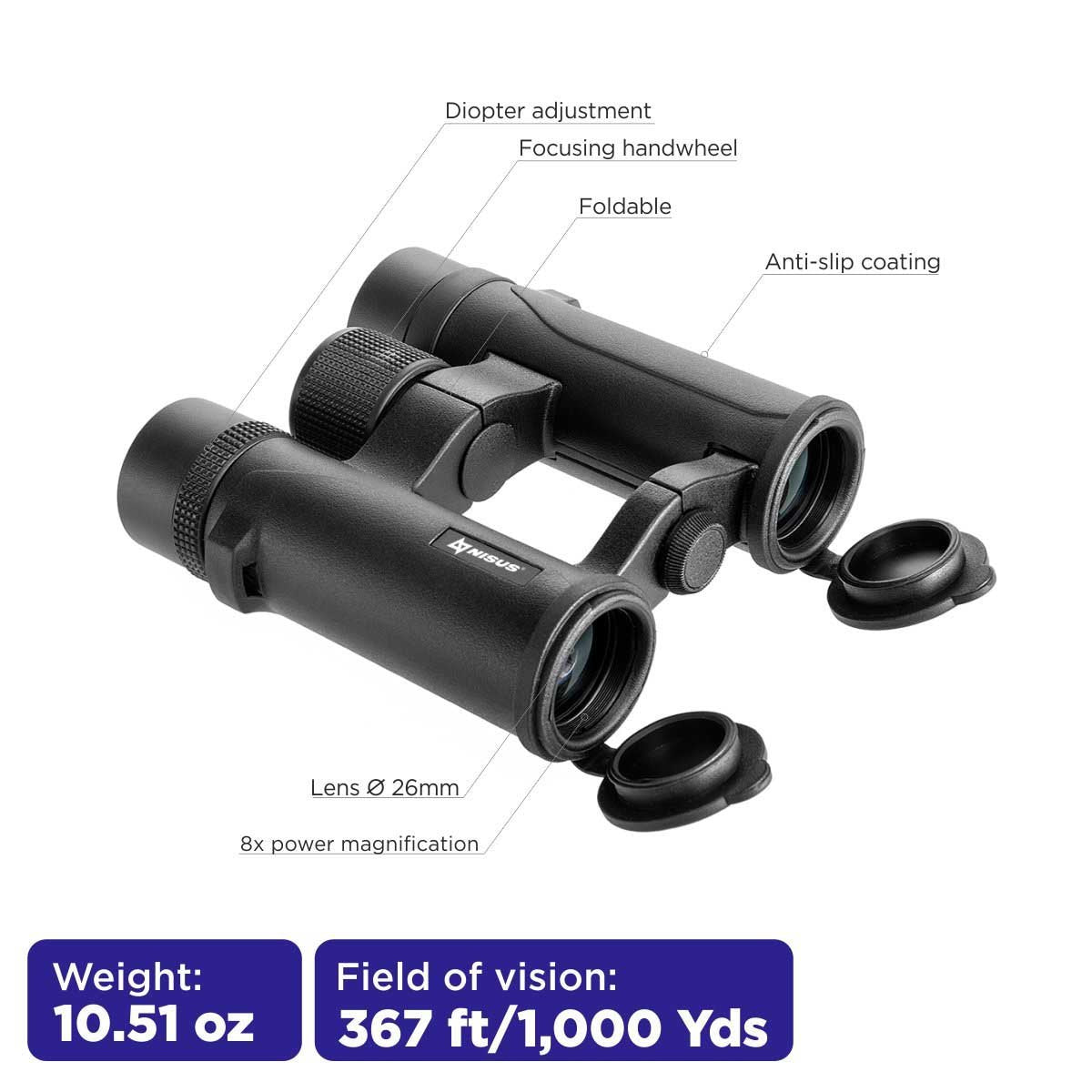 8x26 Compact Folding Binoculars with a Travel Case weighs  10.5 oz, its field of vision stands for 1000 yards. The binocular boasts diopter adjustment, focusing handwheel, anti-slip coating, 26mm lens and 8x magnification