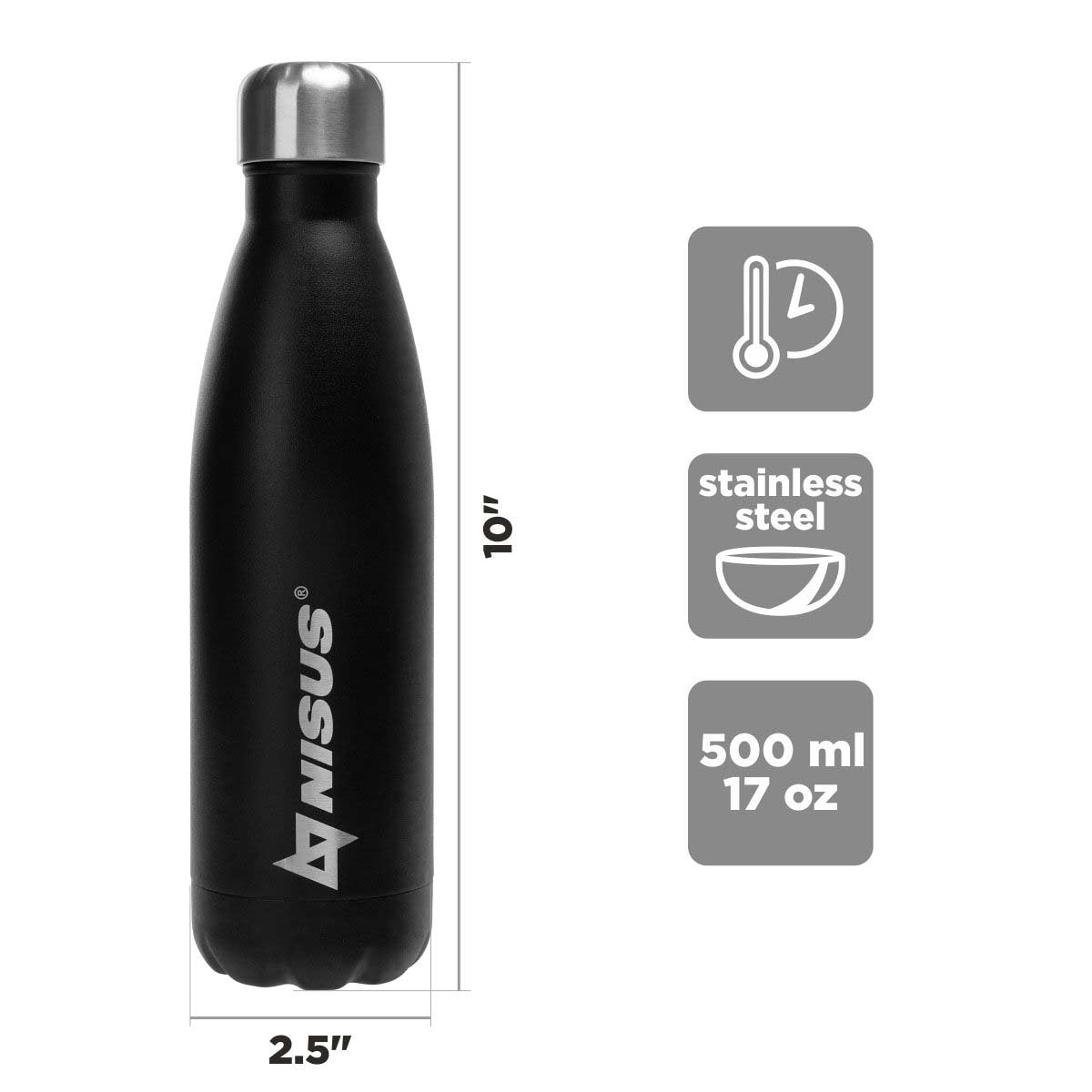 Water Bottle, 17 fl oz (500 ml ), Black Stainless Steel