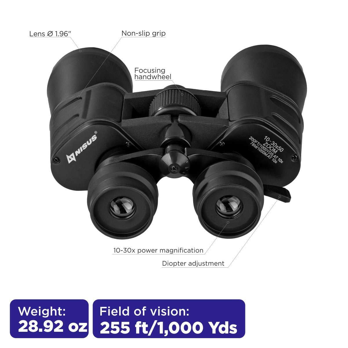Lightweight and powerful 10x50 Nisus Compact Binocular Black Color