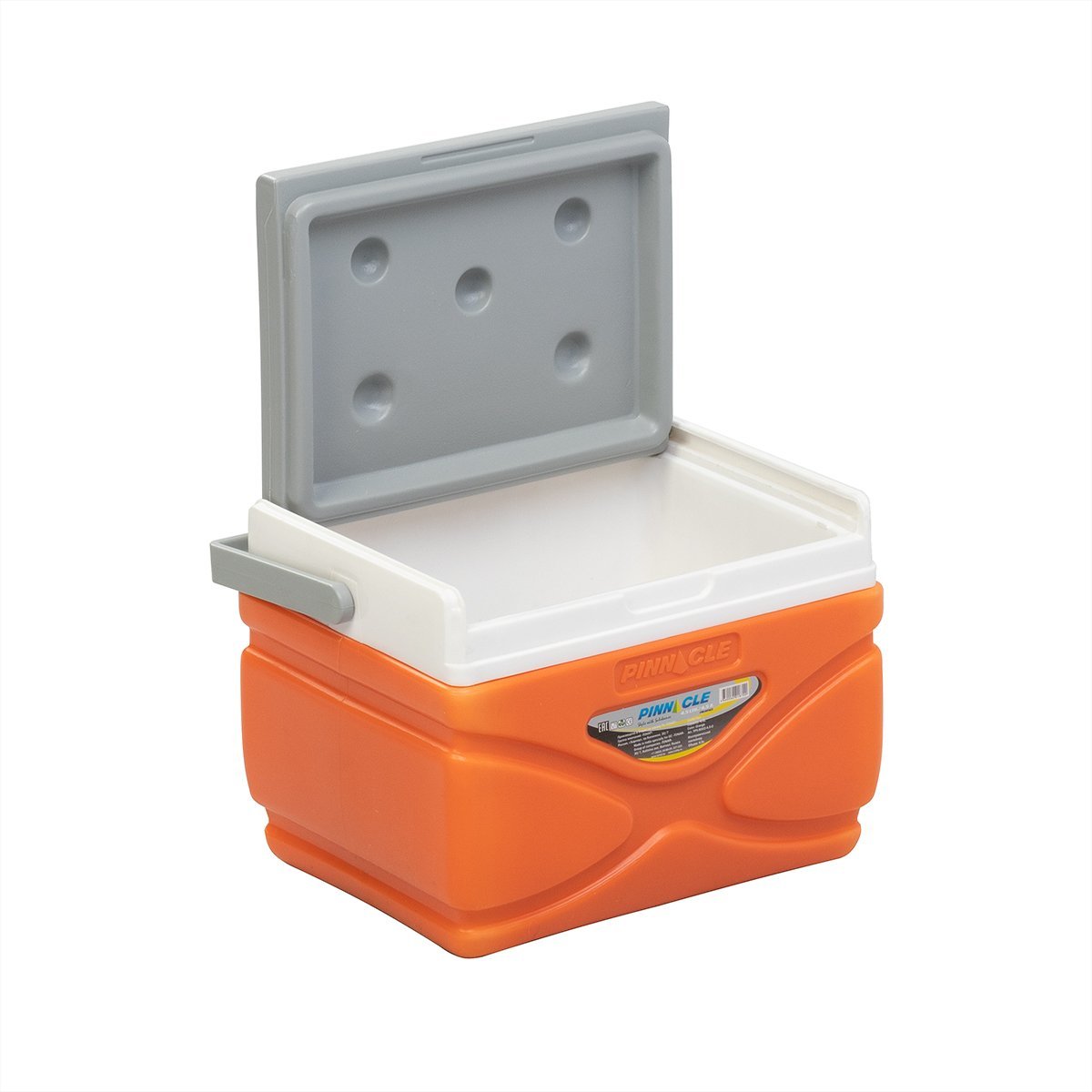 Prudence Portable Hard-Sided Ice Chest for Camping, 4 qt, with handle, orange color with a lid widely open