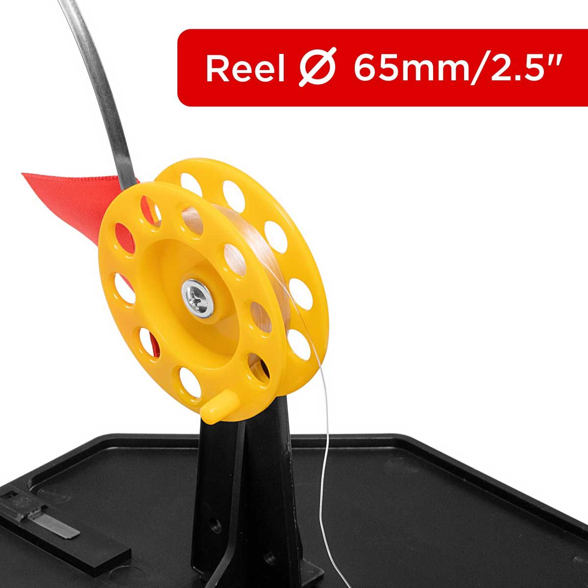 Equipped Tip-up Pop-Up Integrated Hole-Cover Easy to Clip 50 ft has either 2.5 inches, or 3.3 inches spool diameter