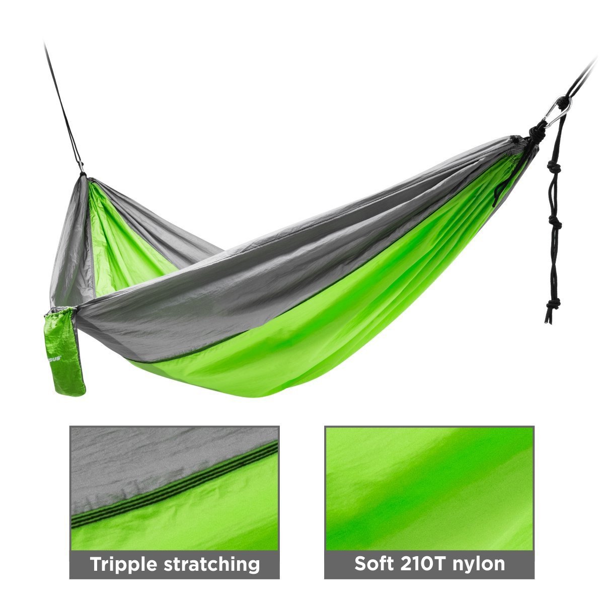 Nisus green camping hammock with a carry nylon fabric, tripple stratching