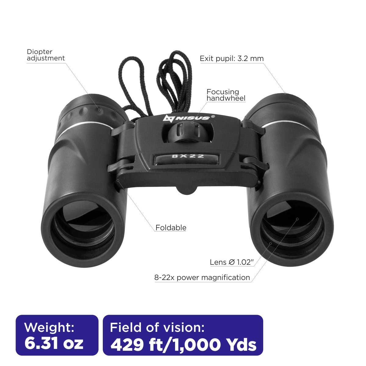 8x22 Compact Lightweight Binocular for Backpacking weighs 6.31 oz, stands for a 429 ft/1000 yards field of vision, boasts its 1-inch lens, focusing handwheel and diopter adjustment