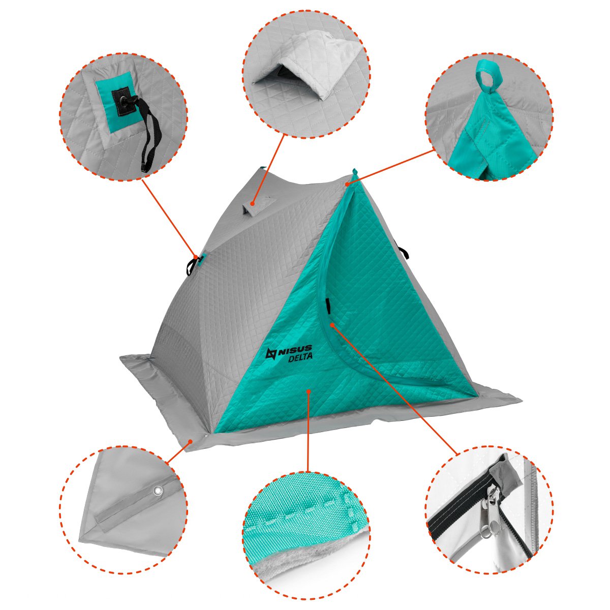 Delta Portable Insulated Ice Fishing Tent 2 Person Shelter is equipped with an extra wide protective skirt with apertures for ice anchors to fix the shelter, and zippers to widely open/close the shelter