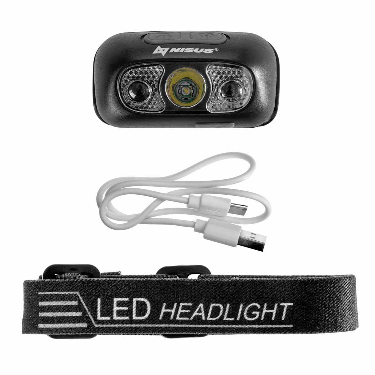 USB Rechargeable Smart Sensor Mode Water-Resistant Headlamp consists of a rechargeable flashlight, heandand and a USB cable