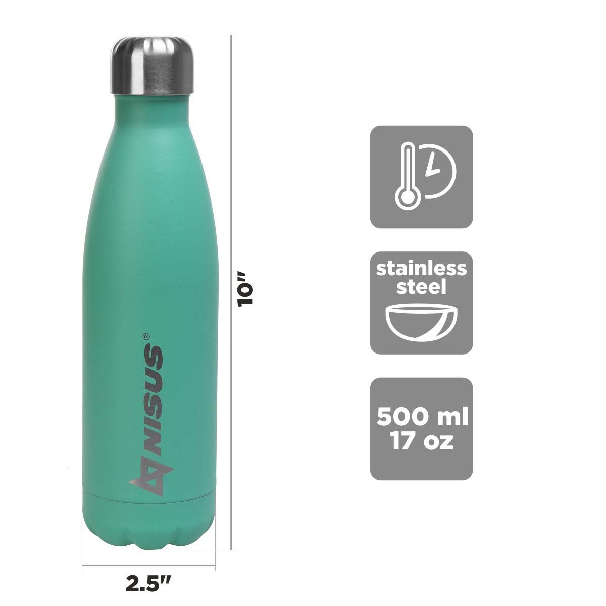 Stainless Steel Insulated Twist Top Water Bottle, 17 oz is 10 inches high and 2.5 inched wide