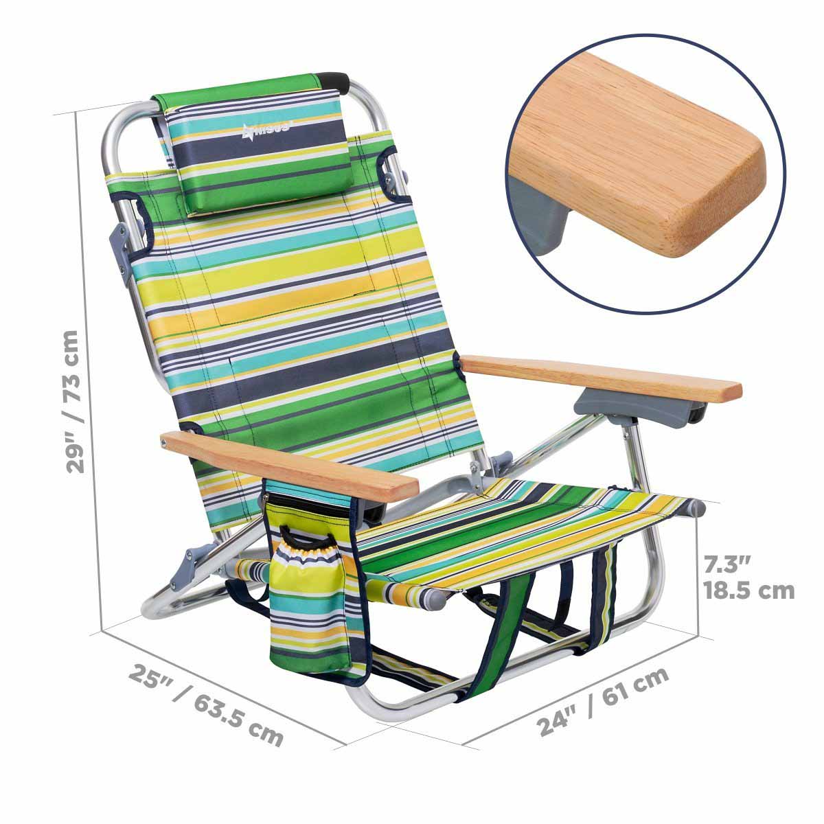 Backpack Beach Chair with Headrest is 29 inches high, 25 inches long, 24 inches wide and 7.3 inches deep, it's equipped with armrest made of wood