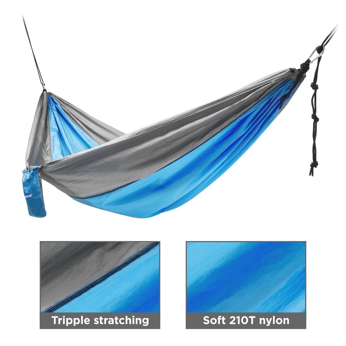 Blue camping hammock with a carry nylon fabric, tripple stratching