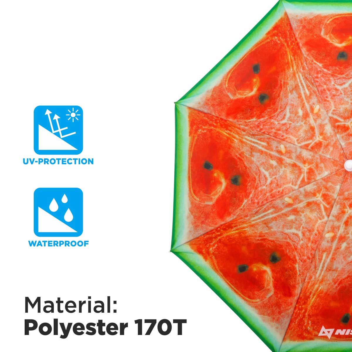 Watermelon Folding Tilting Beach Umbrella is made of waterproof polyester 170T, featuring UV protection